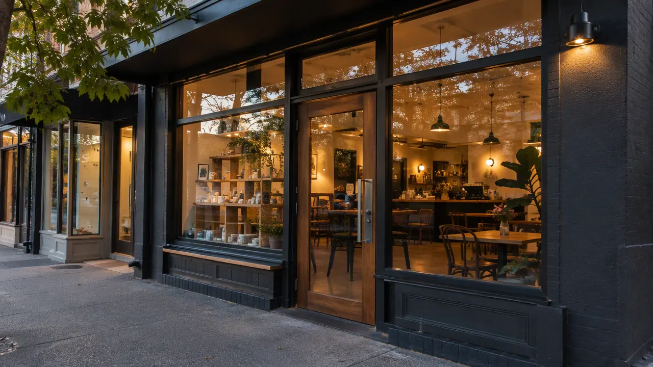 Timber-framed glass shop entry door with a commercial lock and pull handle on a charcoal shopfront in early evening light