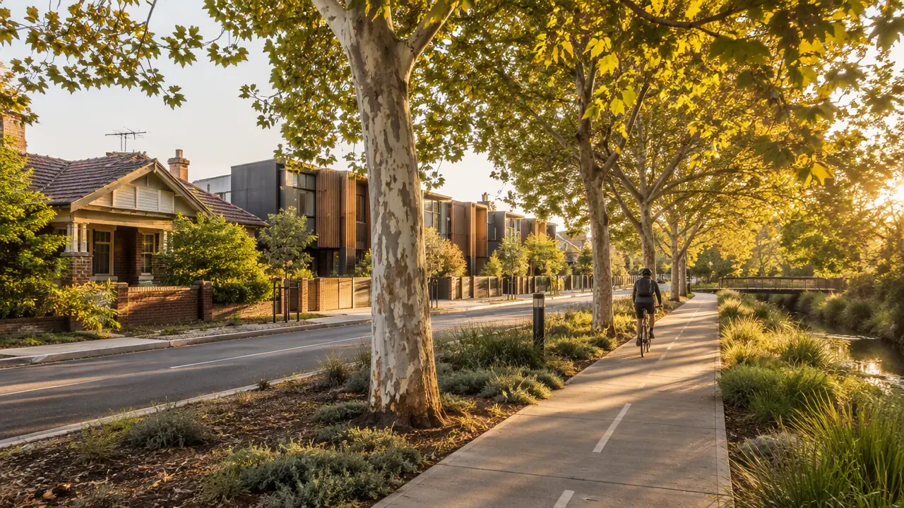 Brunswick East street with interwar brick bungalows, new timber-battened townhouses and plane trees in morning light