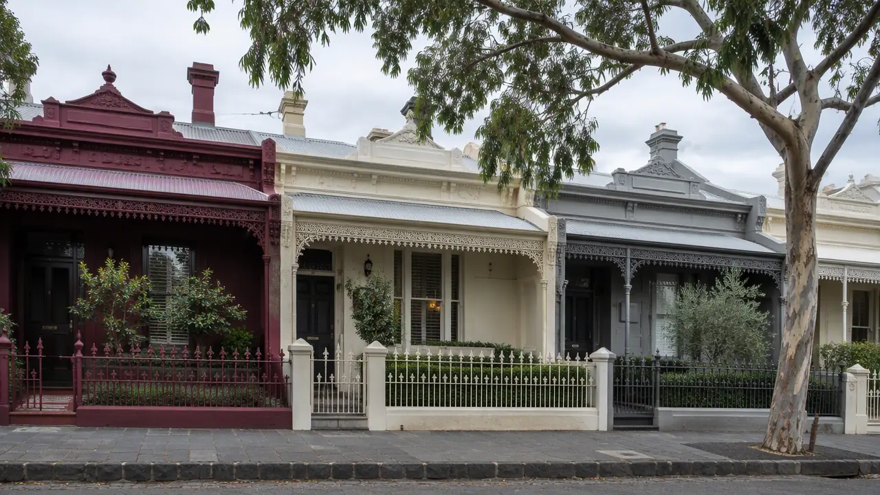 Row of restored Victorian terrace houses with cast-iron lace verandas and heritage paint colours on a Brunswick street