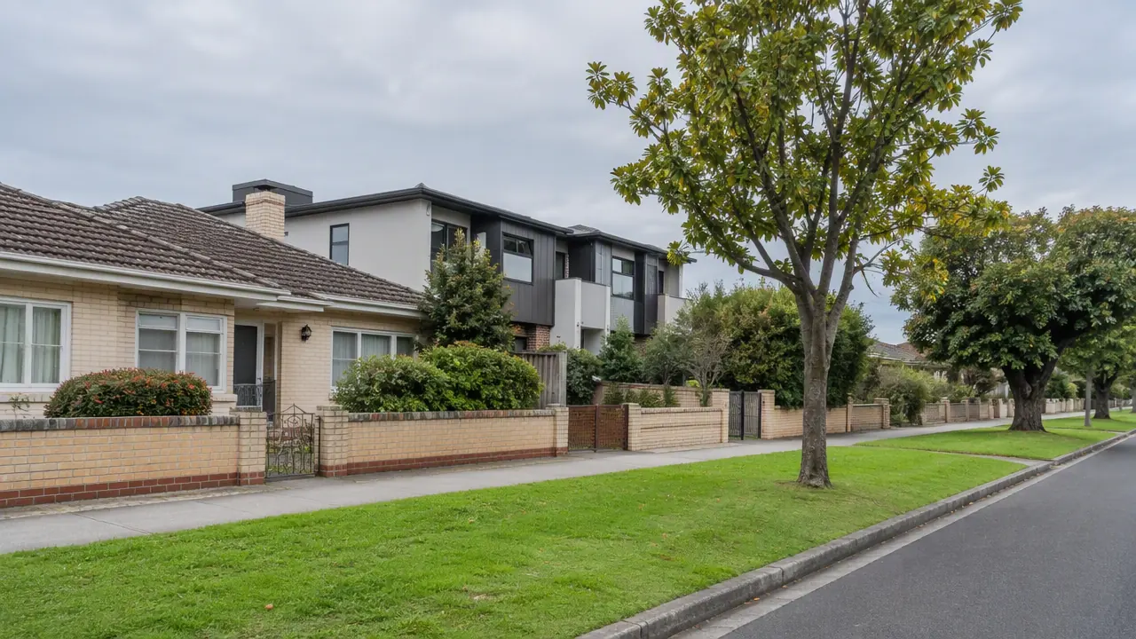 Brunswick West residential street with cream-brick post-war houses, low brick fences and newer townhouses behind