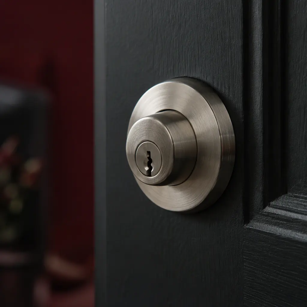 Close detail of a brushed nickel cylinder deadlock and escutcheon fitted into a dark painted timber door