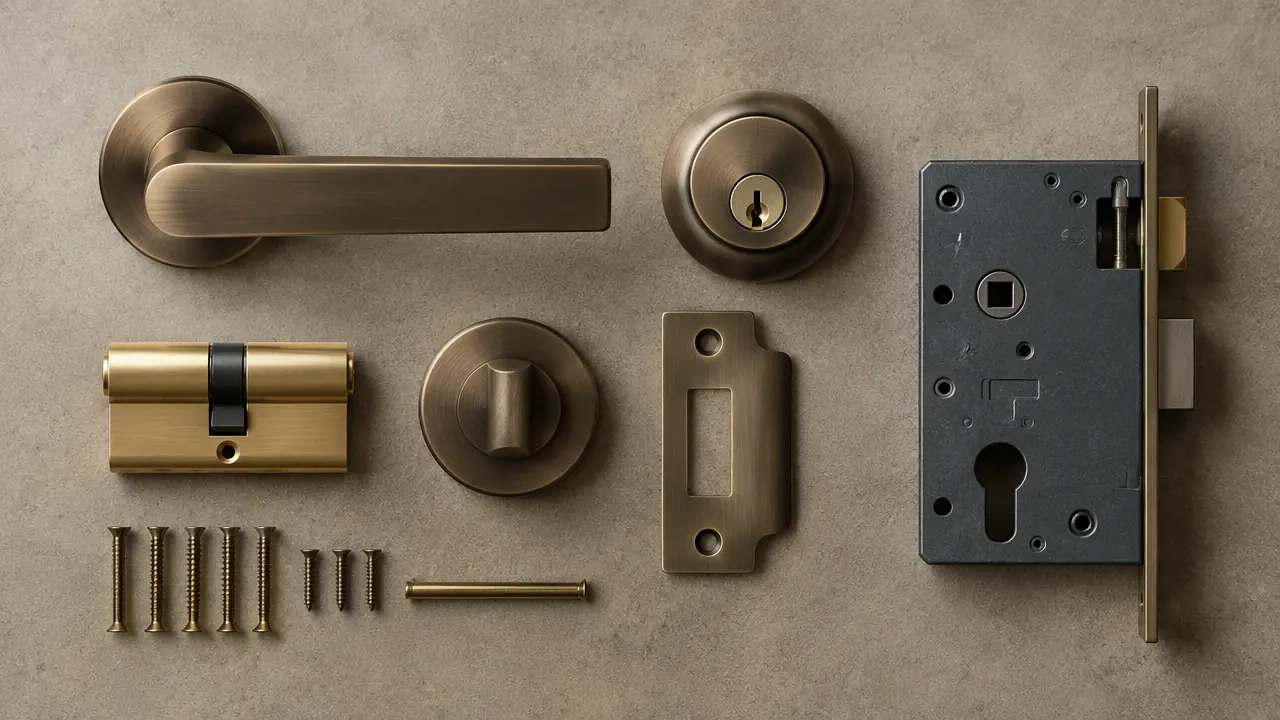 Door hardware laid out on concrete: a bronze lever handle, brass lock cylinder, deadbolt, strike plate and mortice lock body