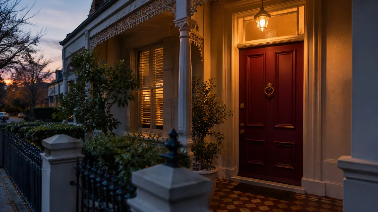 Front porch of a Melbourne period home at dusk with a warm porch light over a burgundy door and deadlock