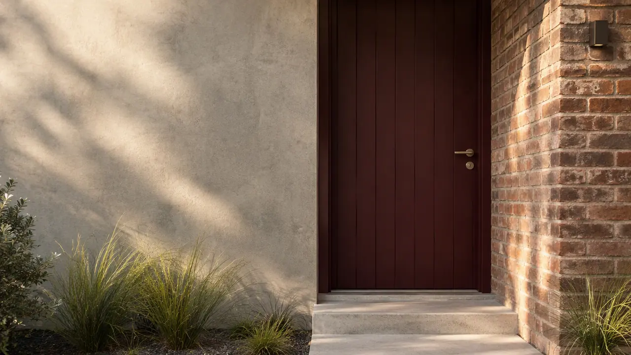 Deep burgundy timber front door with a bronze lever handle and deadlock, set in a rendered concrete and red brick facade in Melbourne’s inner north