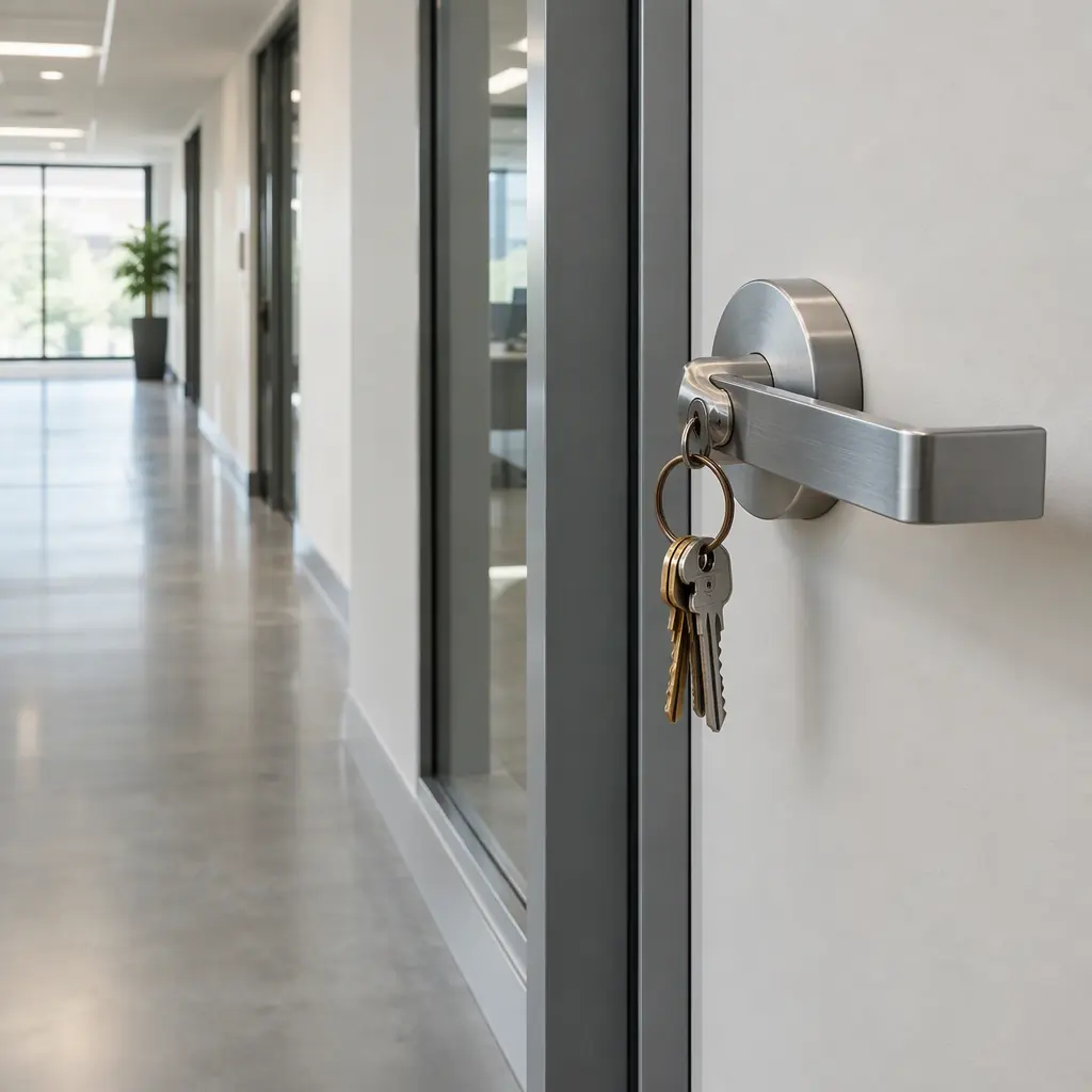 Brass and nickel keys on a bronze ring beside an office suite door with a commercial lever lock