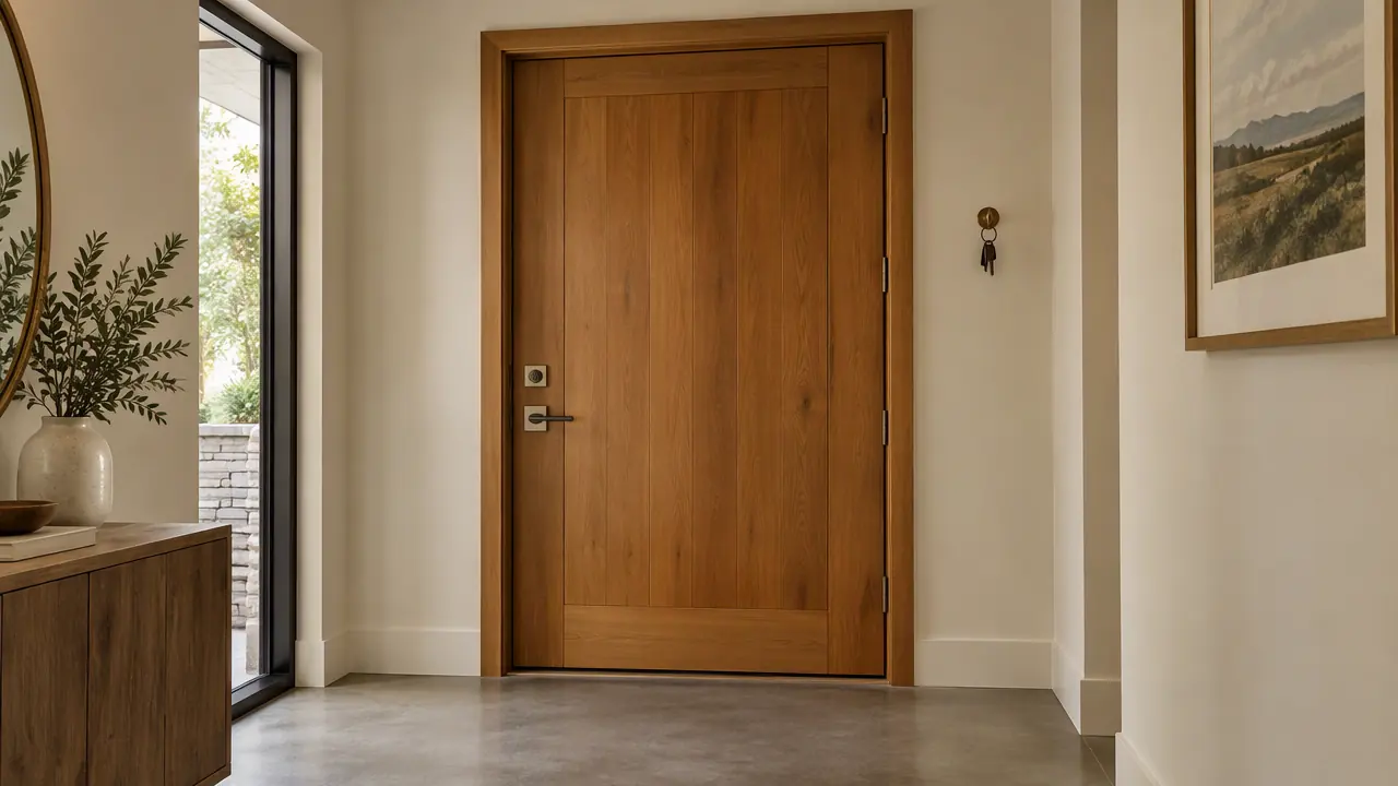 Home entry hall seen from inside, with a solid timber front door, modern lever handle set and deadlock